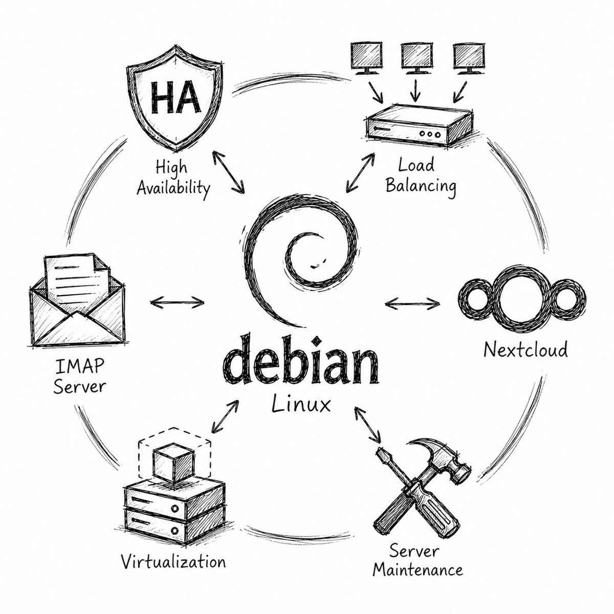Schéma dessiné à la main autour de Debian Linux, haute disponibilité, load balancing, Nextcloud, virtualisation et maintenance serveur